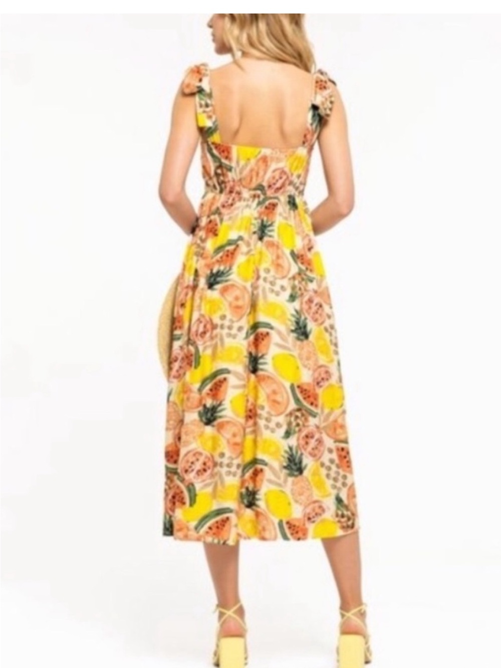 August Sky Fruit Print Tie Strap Midi Dress Size Large Tropical Summer Vacation - Picture 2 of 8